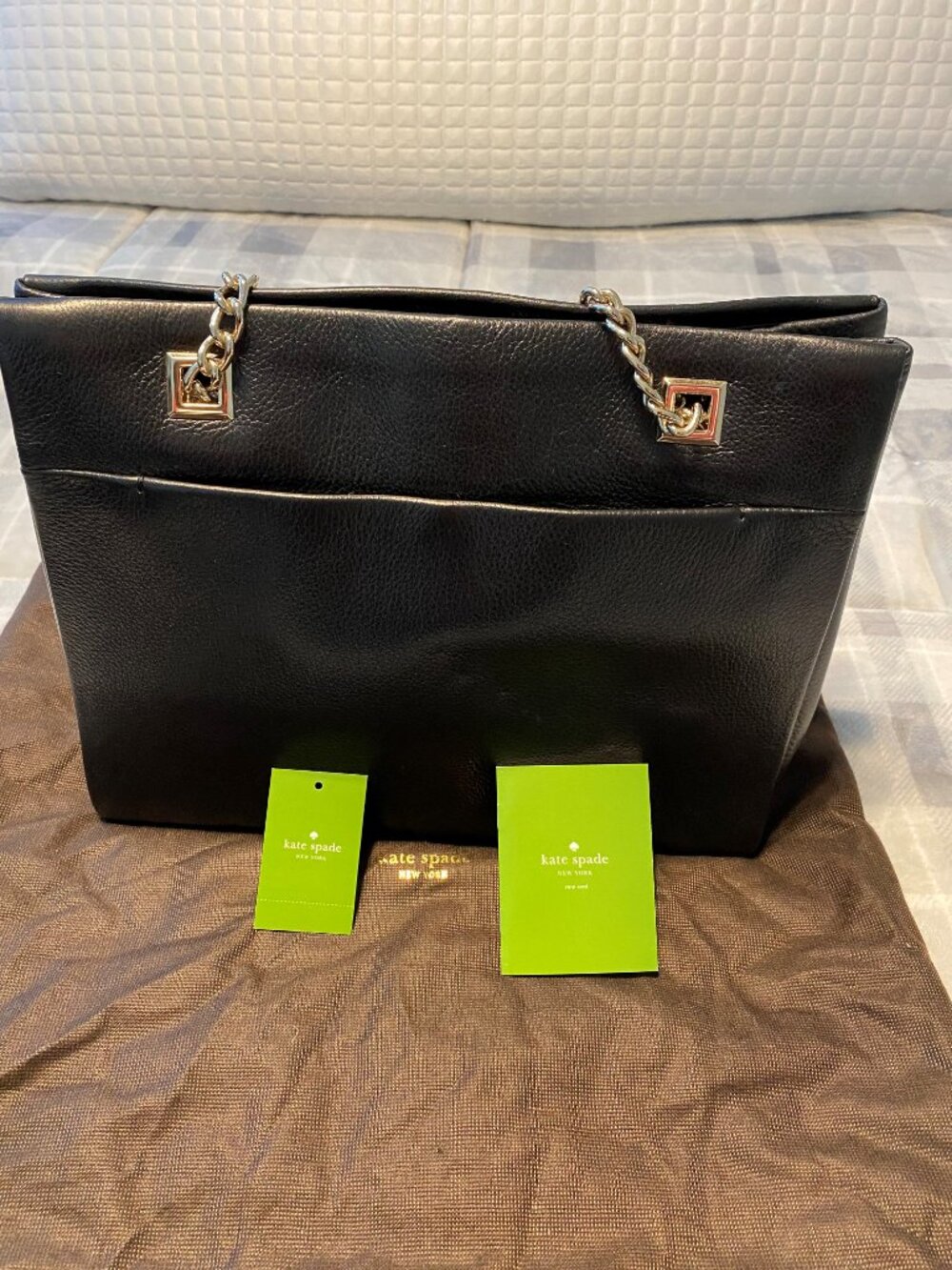 Kate Spade Black Tote with Gold Chain Strap.
